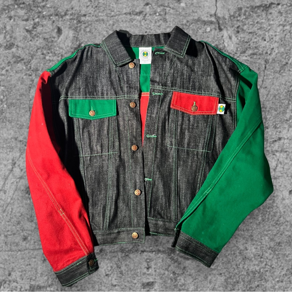 Cross Colours Denim Jacket- Black/Red/Green Size L [Fits Like A Baggy Small]